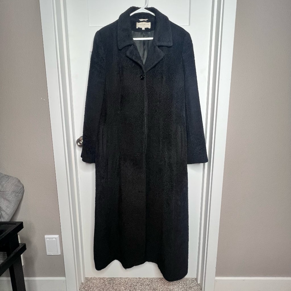 Jones New York Black Trench Coat Size 14 - Wool/Alpaca Suri -Vintage Hide Button